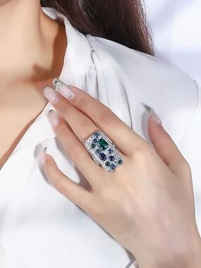 Anthropologie Silver-Tone Green and Blue Gemstone Cocktail Ring